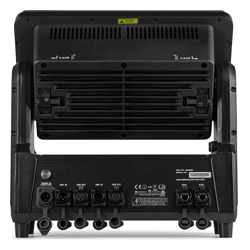 Image of the BEAMZ NUKE1 Motorized Strobe/Beam Light showcasing its 96x10W strobe lights and 14x40W RGBW LEDs, designed for outdoor use with IP65 waterproof rating.