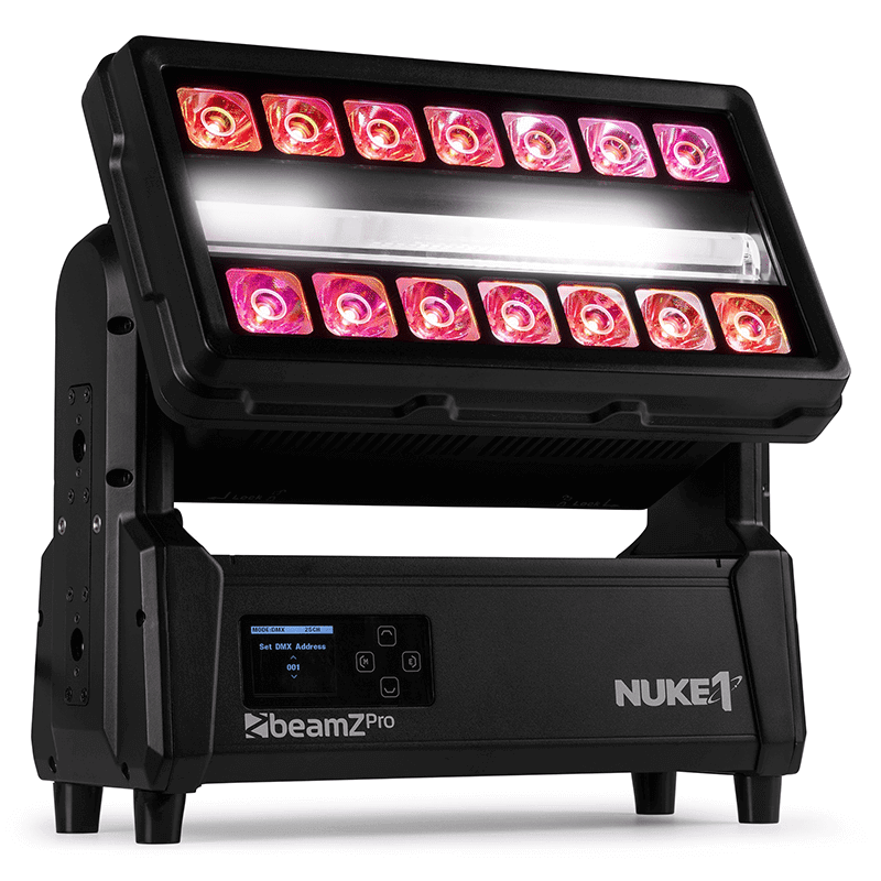 BEAMZ NUKE1 Motorized Strobe and Beam Light featuring 96x10W strobe and 14x40W RGBW LEDs, designed for outdoor use with IP65 waterproof rating.