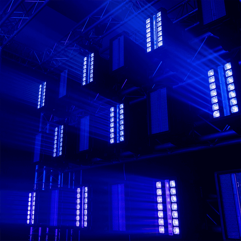 BEAMZ NUKE1 Motorized Strobe and Beam Light featuring 96x10W strobe lights and 14x40W RGBW LEDs, designed for outdoor use with IP65 waterproof rating.