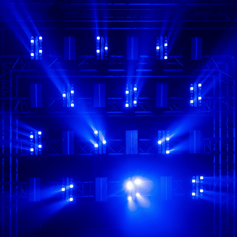 BEAMZ NUKE1 Motorized Strobe and Beam Light featuring 96x10W strobe lights and 14x40W RGBW LEDs, designed for outdoor use with IP65 waterproof rating.