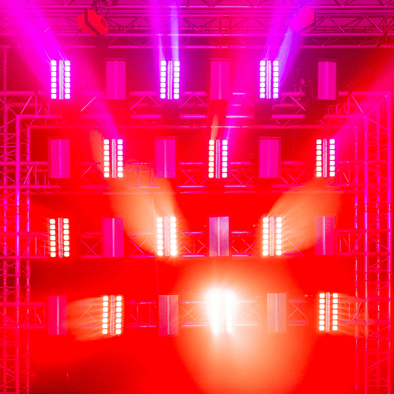 BEAMZ NUKE1 Motorized Strobe and Beam Light featuring 96x10W Strobe and 14x40W RGBW LEDs, designed for outdoor use with IP65 waterproof rating.