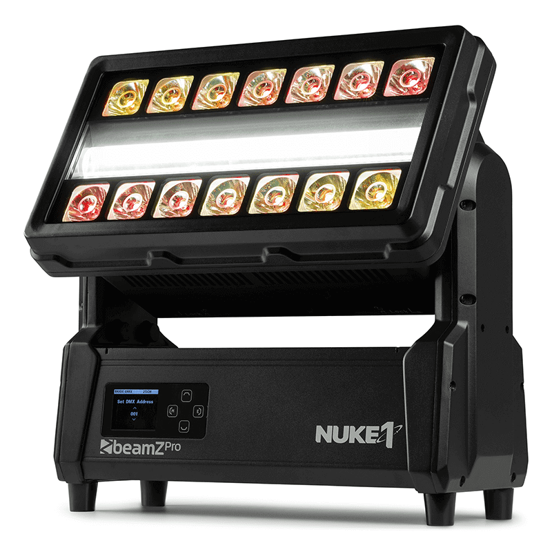 BEAMZ NUKE1 motorized strobe and beam light featuring 96x10W strobe and 14x40W RGBW LEDs, designed for outdoor use with IP65 waterproof rating.