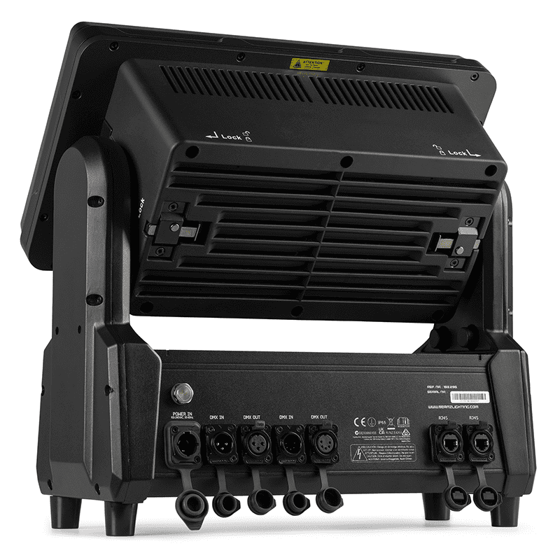 BEAMZ NUKE1 Motorized Strobe/Beam Light featuring 96x10W Strobe and 14x40W RGBW LEDs, designed for outdoor use with IP65 waterproof rating.