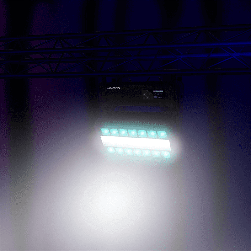 BEAMZ NUKE1 Motorized Strobe and Beam Light featuring 96x10W Strobe and 14x40W RGBW LEDs, designed for outdoor use with IP65 waterproof rating.