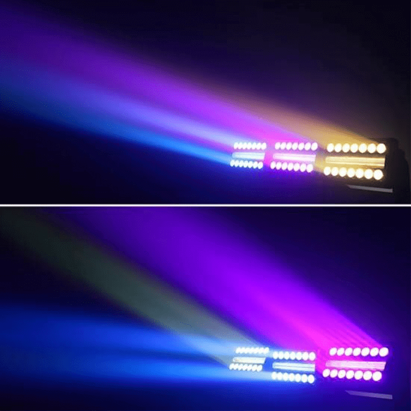 BEAMZ NUKE1 motorized strobe and beam light featuring 96x10W strobe lights and 14x40W RGBW LEDs, designed for outdoor use with IP65 waterproof rating.