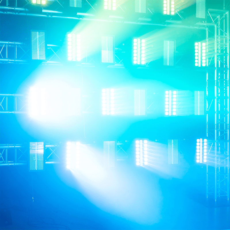 BEAMZ NUKE1 Motorized Strobe and Beam Light featuring 96x10W strobe lights and 14x40W RGBW LEDs, designed for outdoor use with IP65 waterproof rating.