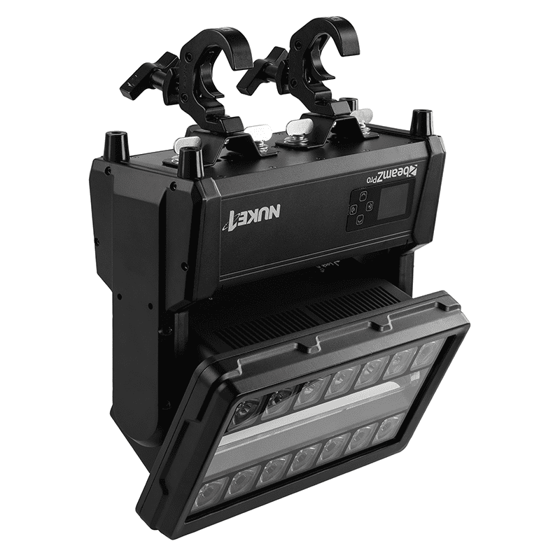 BEAMZ NUKE1 Motorized Strobe and Beam Light featuring 96x10W Strobe and 14x40W RGBW LEDs, designed for outdoor use with IP65 waterproof rating.