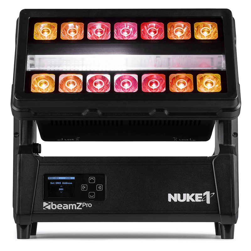 BEAMZ NUKE1 Motorized Strobe and Beam Light featuring 96x10W Strobe and 14x40W RGBW LEDs, designed for outdoor use with IP65 waterproof rating.