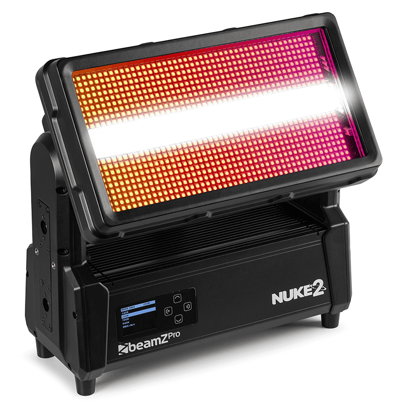 BEAMZ NUKE2 Motorized Strobe/Wash lighting fixture featuring 96x10W Cool White and 864x0.5W RGBW LEDs.