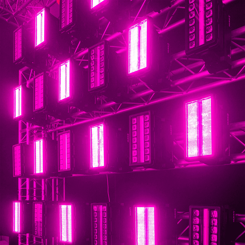 Image of the BEAMZ NUKE2 Motorized Strobe/Wash LED lighting fixture featuring 96x10W Cool White and 864x0.5W RGBW LEDs.