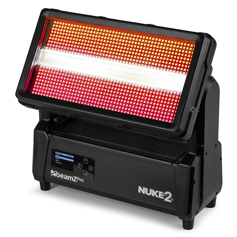 BEAMZ NUKE2 Motorized Strobe/Wash lighting fixture featuring 96x10W Cool White and 864x0.5W RGBW LEDs, showcasing its design and functionality.