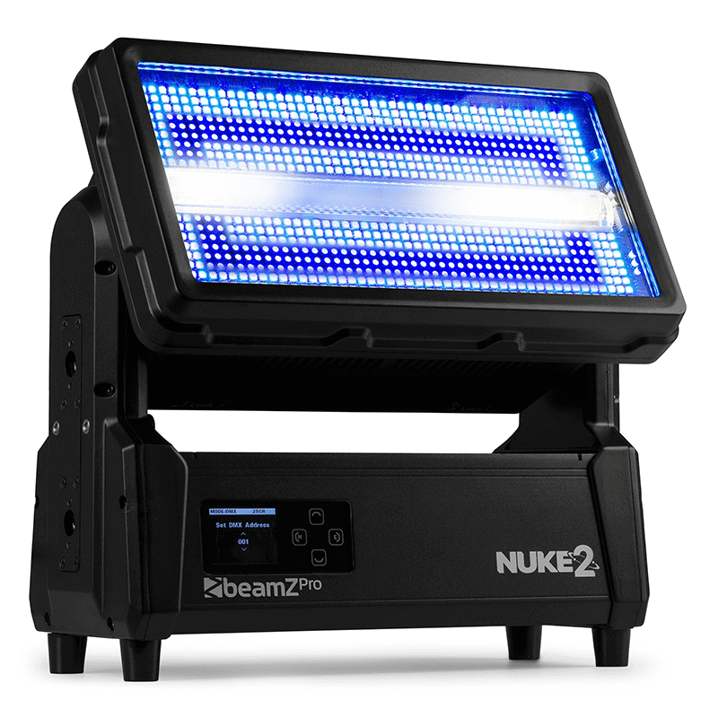 BEAMZ NUKE2 Motorized Strobe/Wash lighting fixture featuring 96x10W Cool White and 864x0.5W RGBW LEDs, showcasing its design and functionality.