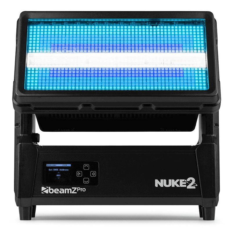 BEAMZ NUKE2 Motorized Strobe/Wash lighting fixture featuring 96x10W Cool White and 864x0.5W RGBW LEDs.