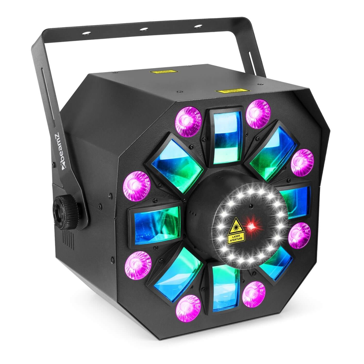 Beamz MULTIBOX LED Effect with Laser and Strobe - Image showing the product with LED effects, laser, and strobe features.