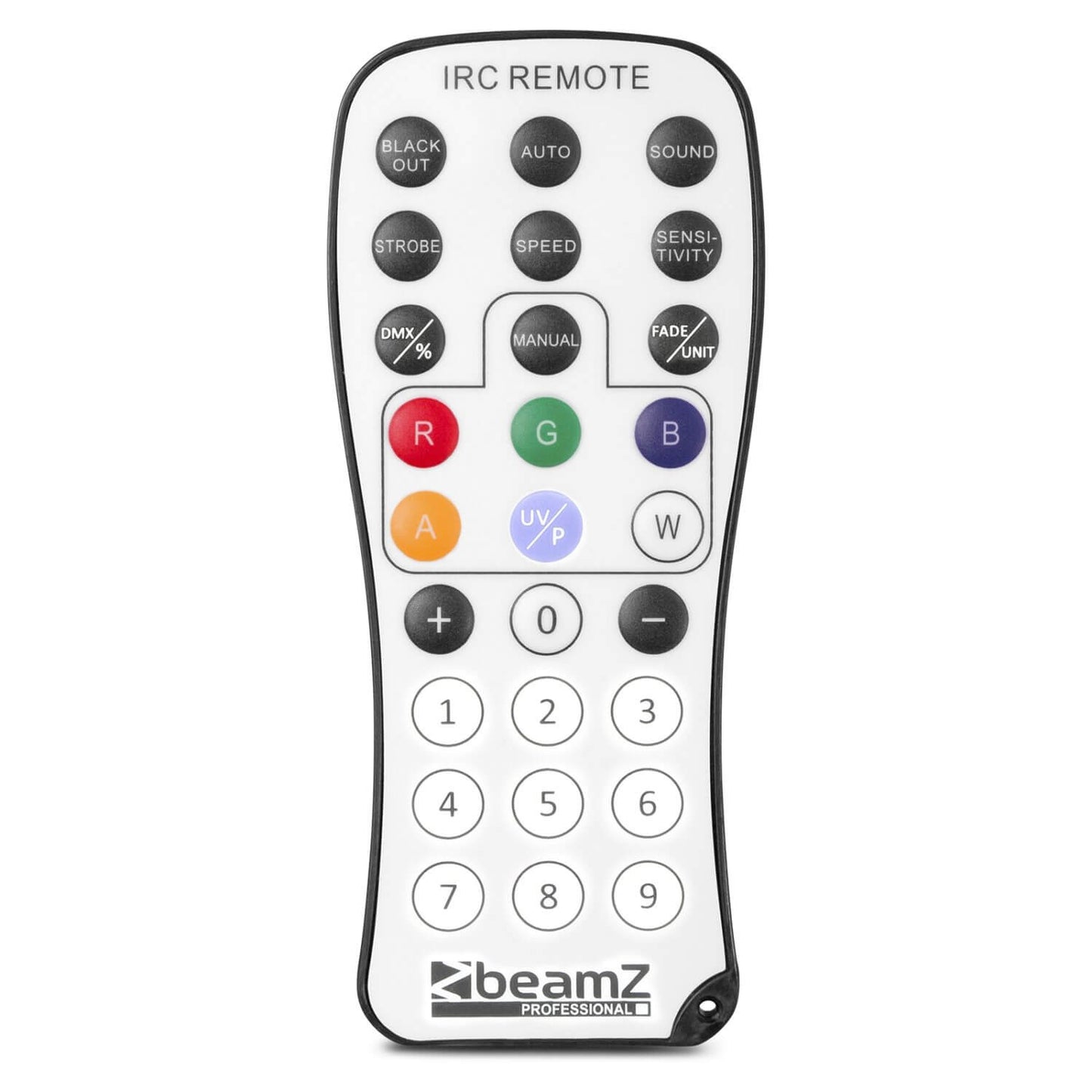 Beamz DERBYSTROBE LED with DMX product image featuring colorful lighting effects.