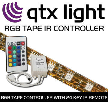 FLUXIA RGB LED Tape Controller with 24 Key IR Remote, showcasing versatile lighting control features.