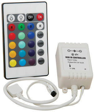 FLUXIA RGB LED Tape Controller with 24 Key IR Remote, showcasing versatile lighting control features.