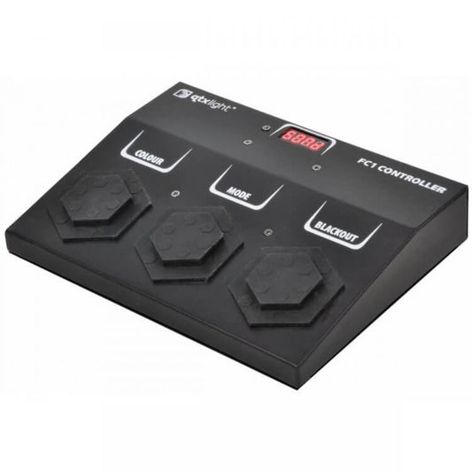 QTX FC1 Foot Controller designed for Slimline LED Par Cans, showcasing a compact DMX control solution.