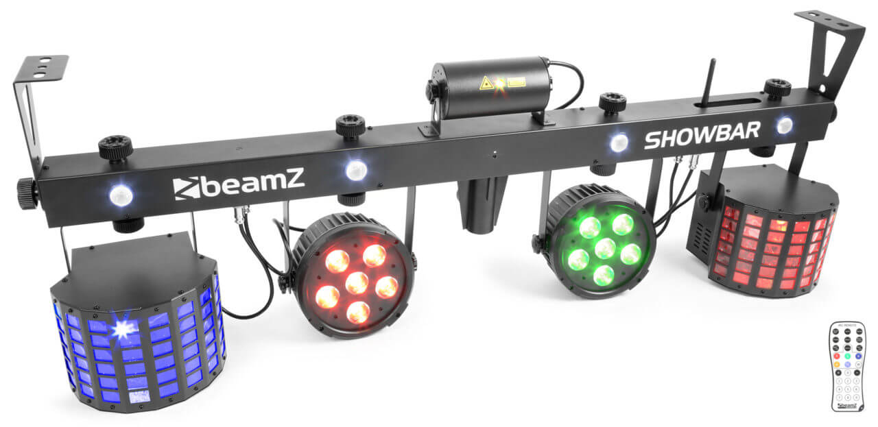 Beamz LED SHOWBAR with 2 PARs, Butterflies, RG Laser, White Strobe, DMX and IRC lighting effects