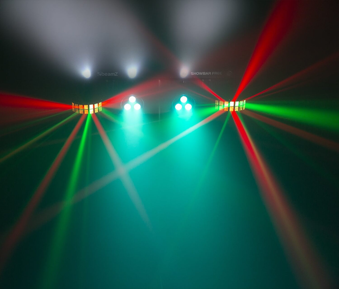 Beamz LED SHOWBAR FREE with 2 PARs (4x4-in-1), 2 Derbies, and IRC - Image of the product setup with colorful lighting effects