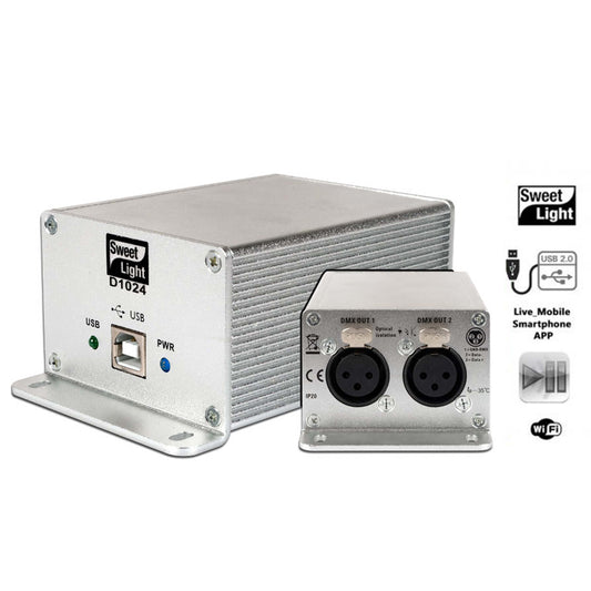 Image of the Sweetlight D1024 USB DMX Software showcasing its features for controlling 1024 DMX channels and 1536 Artnet channels.