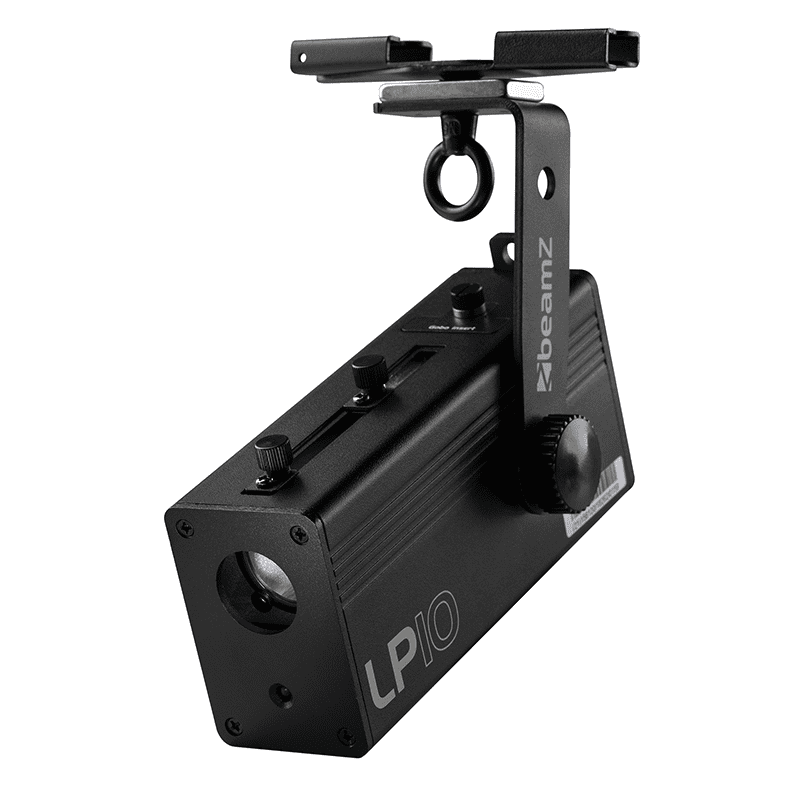 BEAMZ LP10 LED Logo/Gobo Projector, a 10W battery-powered device with remote control, showcasing vibrant lighting effects.