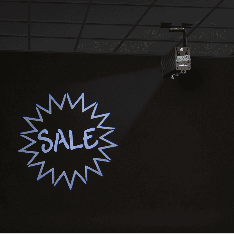 BEAMZ LP10 LED Logo/Gobo Projector, a 10W battery-powered device with remote control, showcasing vibrant lighting effects.