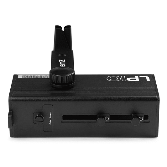 BEAMZ LP10 LED Logo/Gobo Projector, a 10W battery-powered device with remote control, showcasing its design and features.