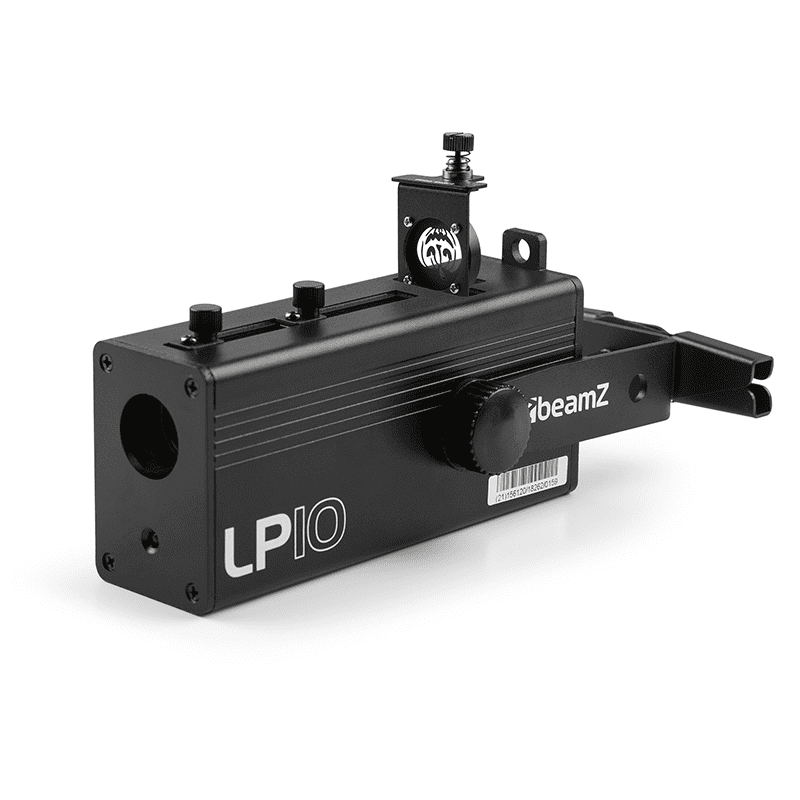 Image of the BEAMZ LP10 LED Logo/Gobo Projector, a 10W battery-powered device with remote control, showcasing its design and features.