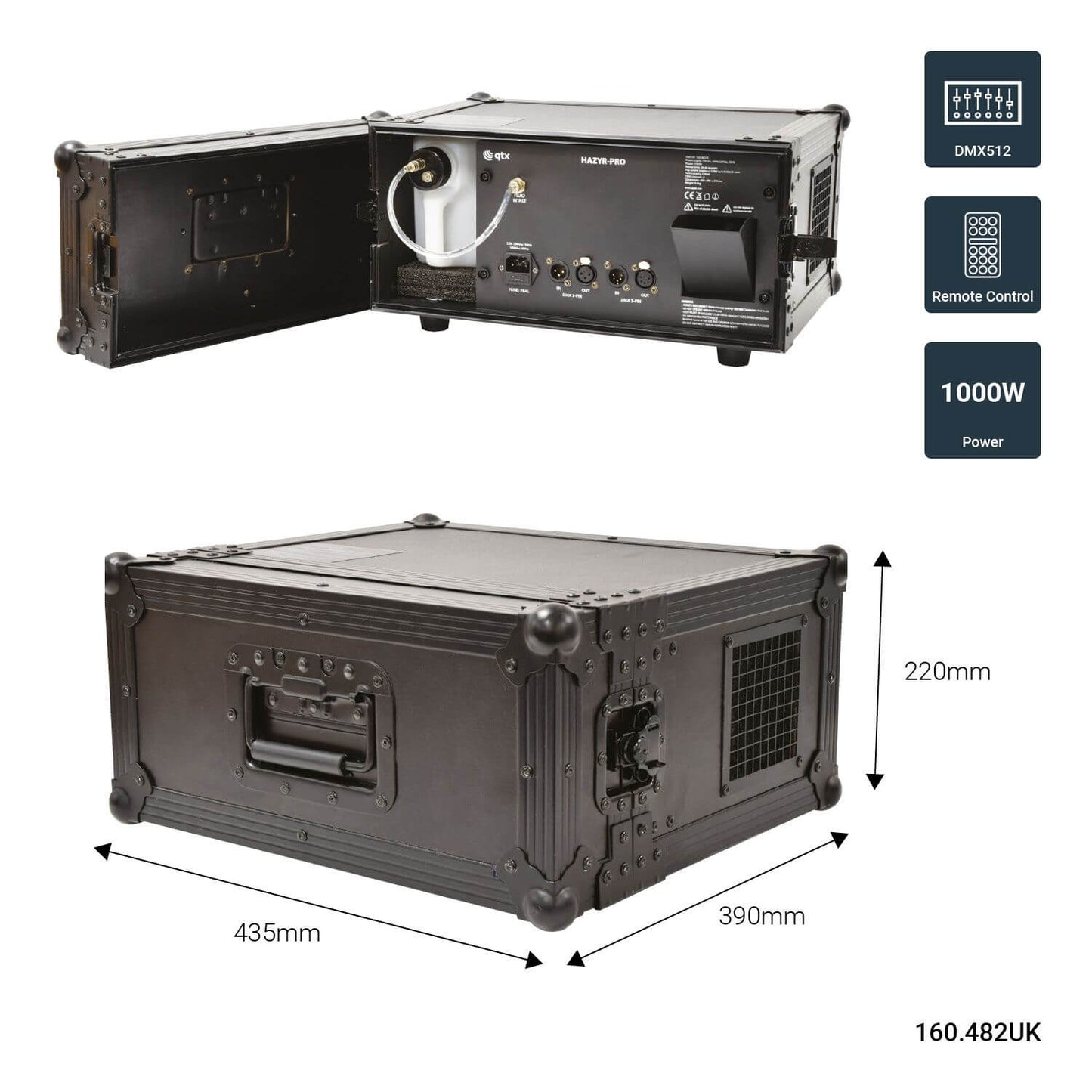QTX HAZYR-PRO 1000W Haze Machine with DMX Control, a professional high output haze generator.