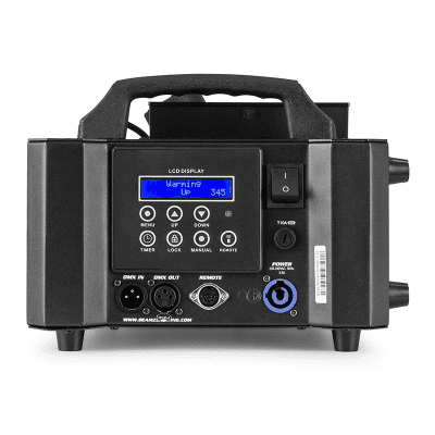 BEAMZ BLAZE800 Vertical Fogger with RGB color mixing, showcasing a professional smoke machine designed for vibrant lighting effects.