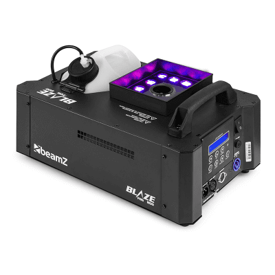 BEAMZ BLAZE800 Vertical Fogger with RGB color mixing, showcasing a professional smoke machine designed for events and performances.