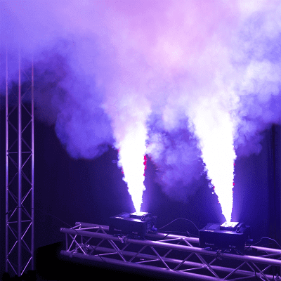 BEAMZ BLAZE1200 Vertical Fogger with 1200W power and 24x4W 4-in-1 LED lighting, showcasing a modern design for stage effects.