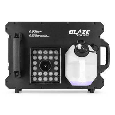 BEAMZ BLAZE1200 Vertical Fogger 1200W with integrated 24x4W 4-in-1 LED lighting, showcasing its design and features.