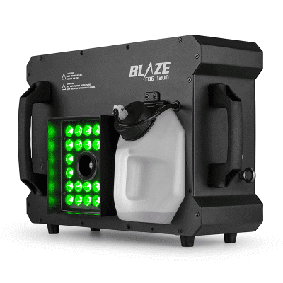 BEAMZ BLAZE1200 Vertical Fogger 1200W featuring 24x4W 4-in-1 LED lighting, showcasing a compact design suitable for events.