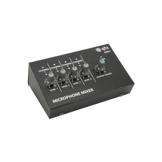 QTX MM41 4 Channel Mini Microphone Mixer showcasing a compact design suitable for low impedance inputs.