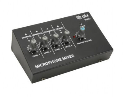 QTX MM41 4 Channel Mini Microphone Mixer, a compact mono mixer designed for low impedance inputs.
