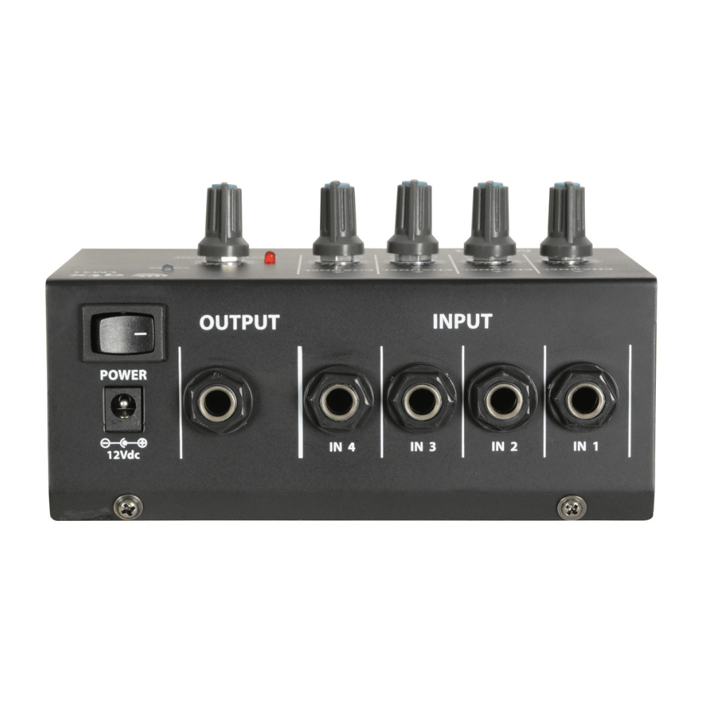 QTX LM41 - 4 Channel Mono Mini Line Level Mixer with High Impedance Inputs displayed in an image.