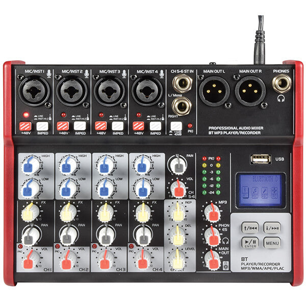 Citronic CSM-6 Music Mixer featuring 6 channels, Bluetooth connectivity, USB input, and MP3 playback capabilities.