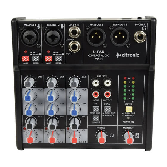 Citronic U-PAD Compact Music Mixer featuring a 2-Channel USB Interface, designed for audio mixing and production.