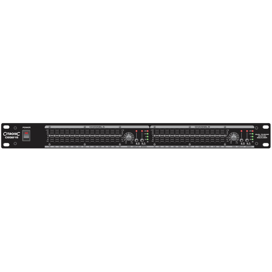 Citronic CEQ215 Dual 15-Band Graphic Equaliser, a professional audio control device featuring multiple sliders for sound adjustment.