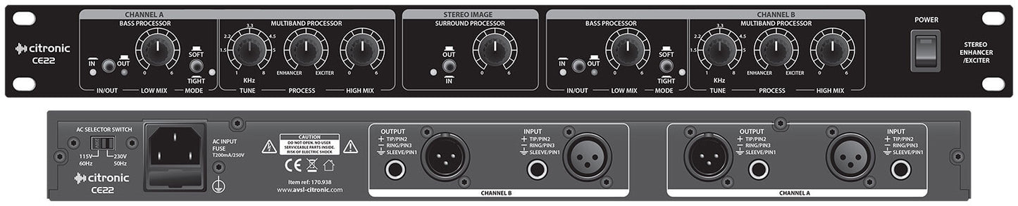 Citronic CE22 Stereo Enhancer and Exciter, a professional audio rack mount unit, showcasing its sleek design and control features.