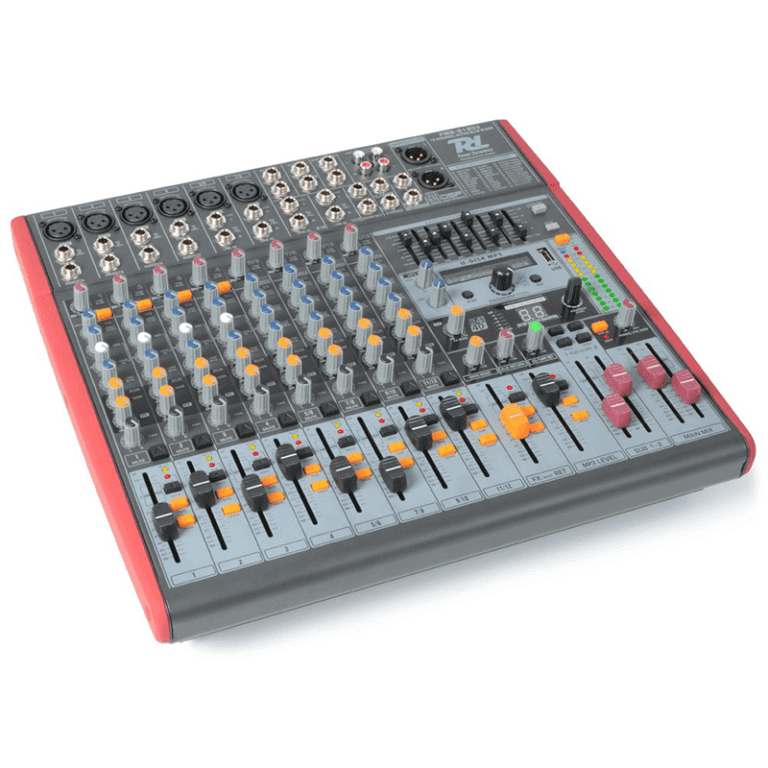 Power Dynamics PDM-S1203 12-Channel Stage Mixer featuring DSP and MP3 Playback, showcasing its design and functionality.