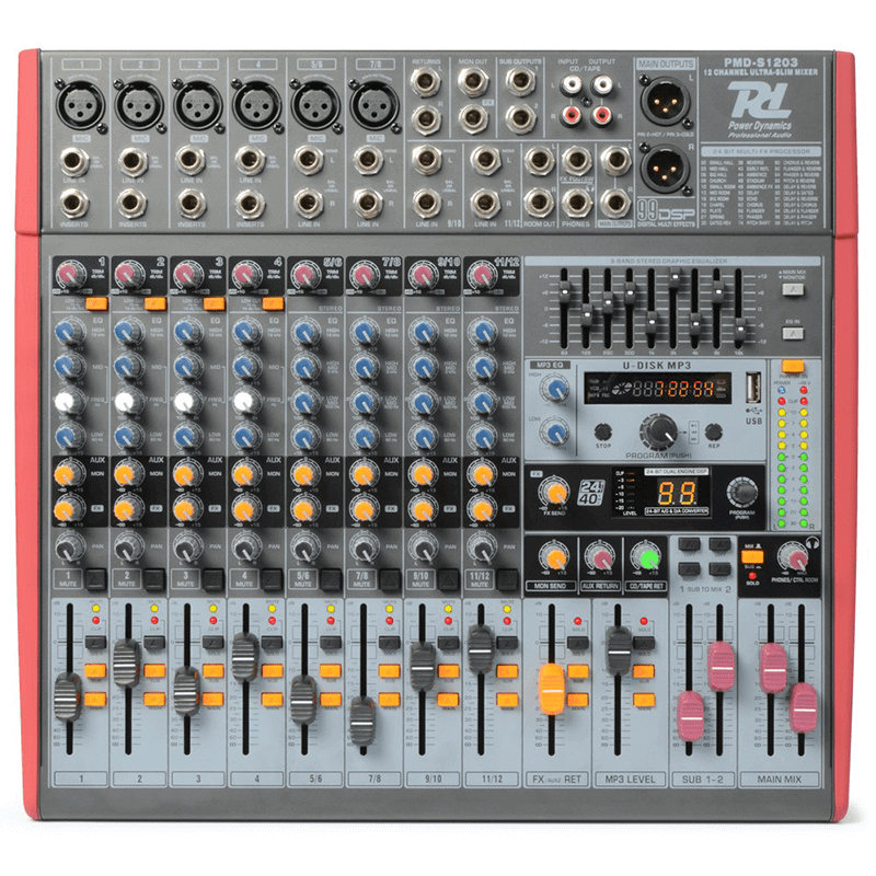Power Dynamics PDM-S1203 12-Channel Stage Mixer featuring DSP and MP3 Playback capabilities.