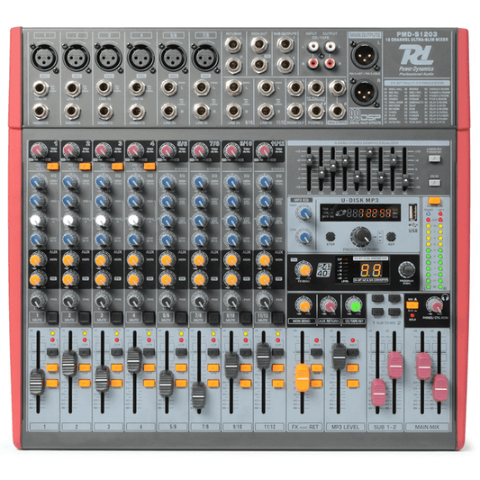 Power Dynamics PDM-S1203 12-Channel Stage Mixer featuring DSP and MP3 Playback capabilities.