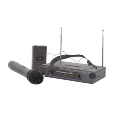 QTX VHN2 Handheld and Neckband VHF Wireless Microphone System featuring dual channel frequencies of 174.1 and 175.0 MHz.