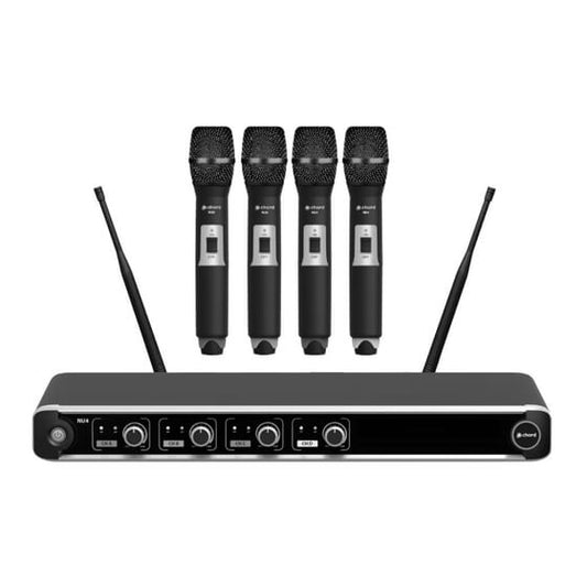 CHORD NU4-N Quad UHF Neckband Microphone System displayed, showcasing a professional wireless audio solution.