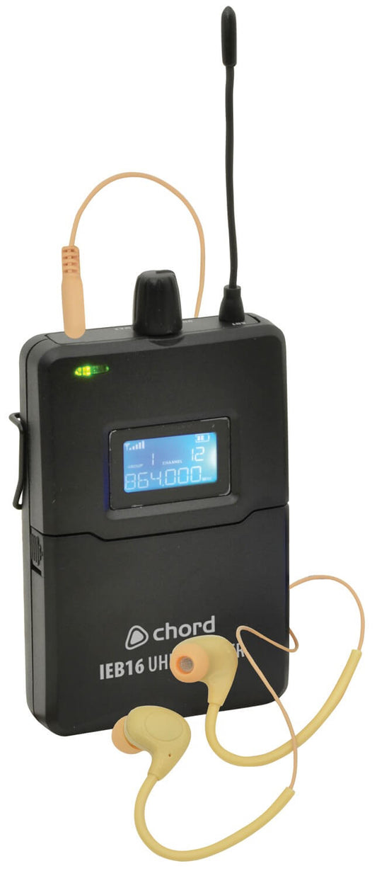 Chord IEB16 UHF Beltpack Receiver designed for the IEM16 In-Ear Monitor System, showcasing its sleek design and functionality.