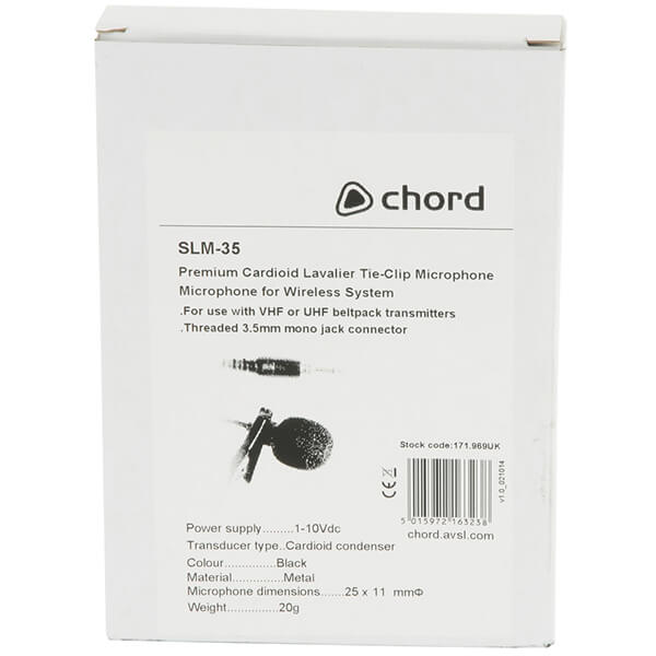 CHORD SLM-35 Premium Cardioid Lavalier Microphone designed for wireless audio systems, showcasing its compact and professional design.