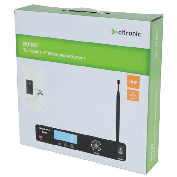 Citronic RU105-N UHF Wireless Lavalier and Neckband Microphone System featuring 81 channels, displayed in a product image.
